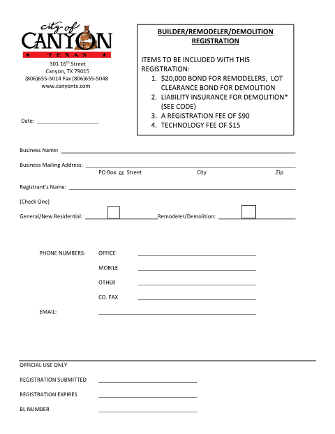 First page of the Builder/Remodeler/Demolition Registration