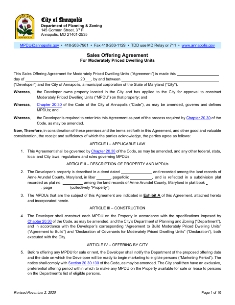 First page of the Sales Offering Agreement for Moderately Priced Dwelling Units
