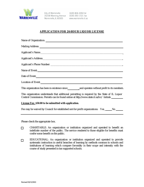 First page of the 24-Hour Liquor License Application