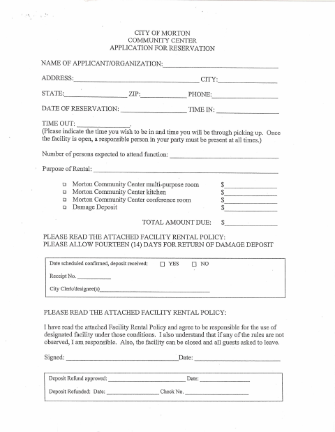 First page of the Community Center Reservation Application