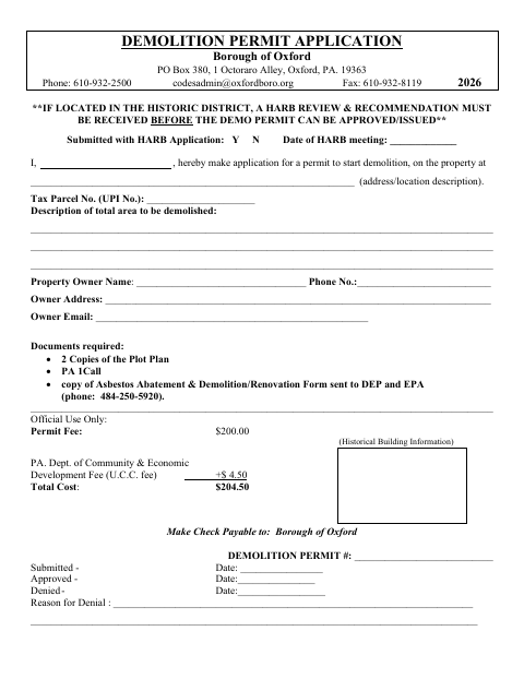 First page of the Demolition Permit Application