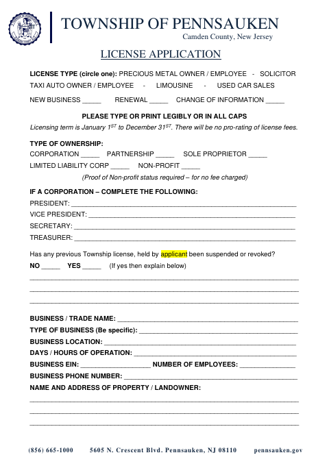First page of the License Application