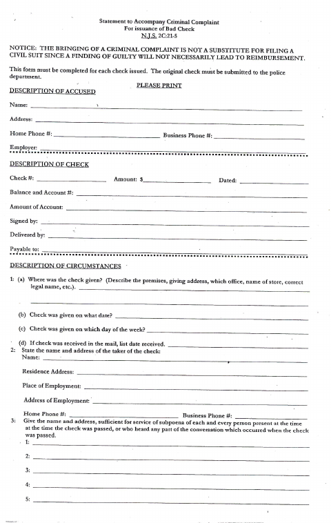 First page of the Bad Check Complaint Statement