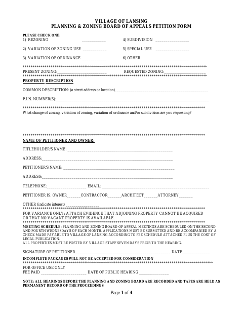 First page of the Planning & Zoning Board of Appeals Petition Form