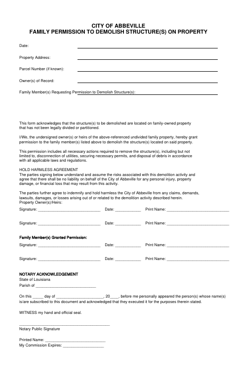 First page of the Family Permission to Demolish Structure(s) on Property