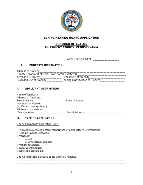 First page of the Zoning Hearing Board Application