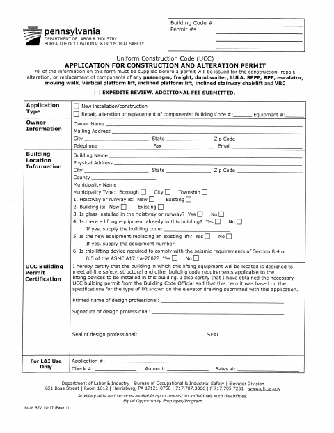 First page of the Elevator and Lift Permit Application