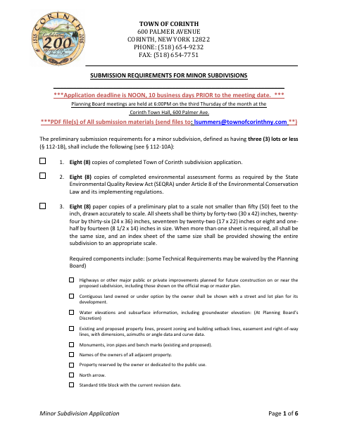 First page of the Minor Subdivision Application