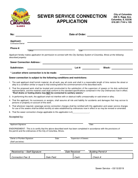 First page of the Sewer Service Connection Application