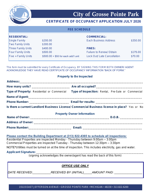 First page of the Certificate of Occupancy Application