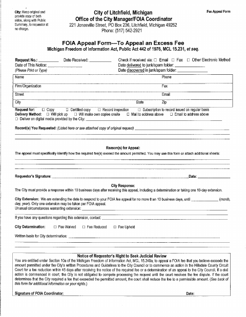 First page of the FOIA Excess Fee Appeal Form