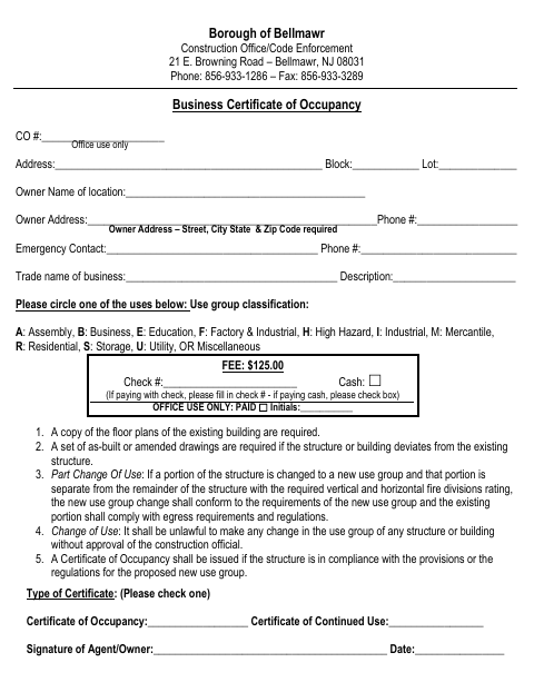 First page of the Business Certificate of Occupancy
