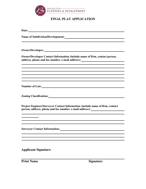 First page of the Final Plat Application