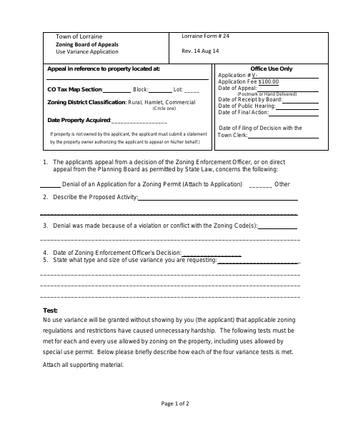 First page of the Use Variance Application