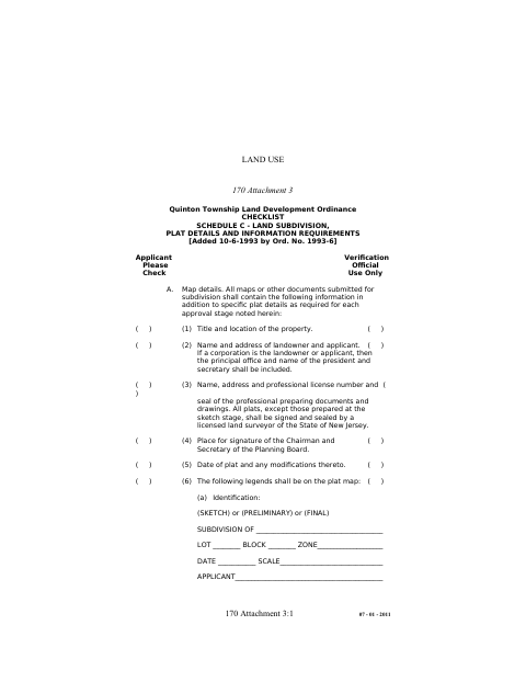 First page of the Schedule C – Land Subdivision, Plat Details and Information Requirements