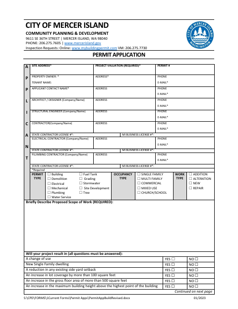 First page of the Permit Application