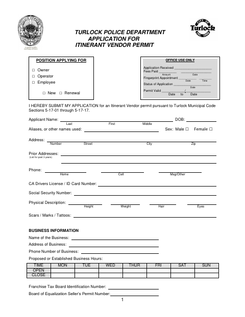 First page of the Application for Itinerant Vendor Permit