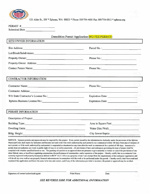 First page of the Demolition Permit Application