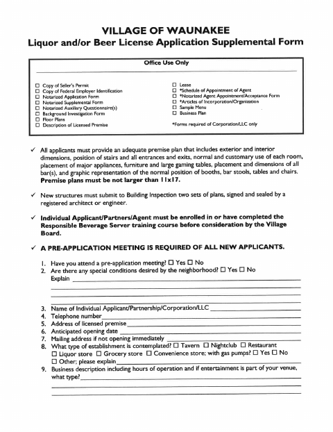 First page of the Liquor and/or Beer License Application Supplemental Form