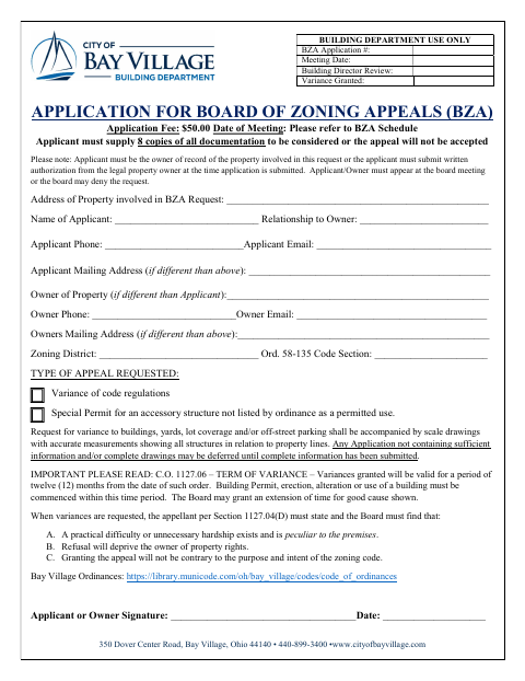 First page of the Application for Board of Zoning Appeals (BZA)
