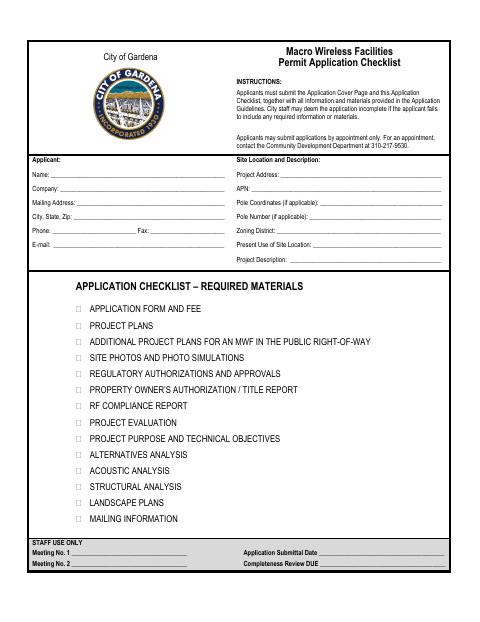First page of the Macro Wireless Facilities Permit Application