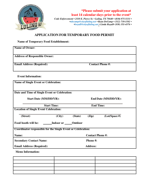 First page of the Application for Temporary Food Permit