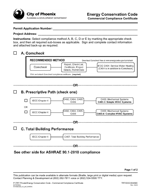 First page of the Energy Conservation Code Commercial Compliance Certificate