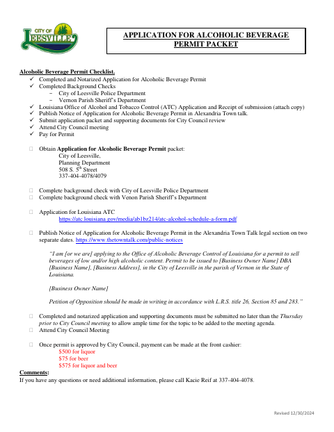 First page of the Alcoholic Beverage Permit Application