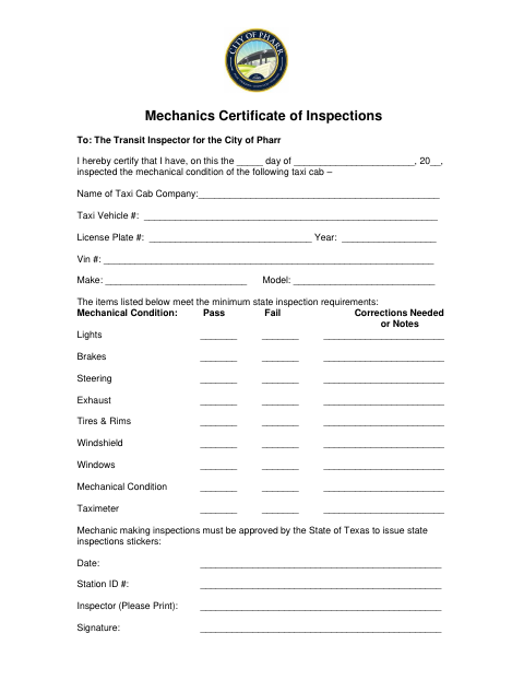First page of the Mechanics Certificate of Inspections