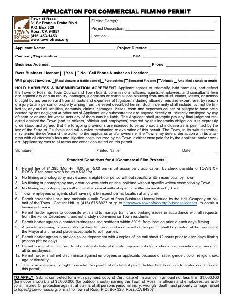 First page of the Application for Commercial Filming Permit