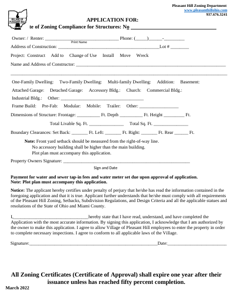 First page of the Application for Certificate of Zoning Compliance for Structures