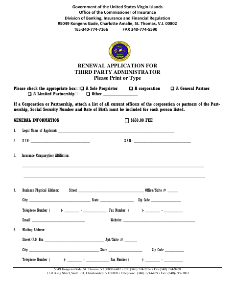 First page of the Third Party Administrator Renewal Application