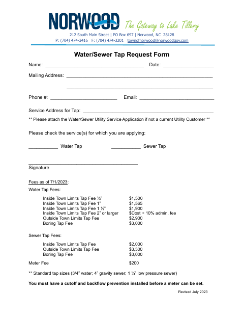 First page of the Water/Sewer Tap Request Form