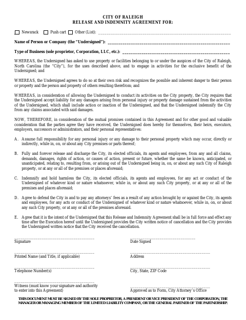 First page of the Release and Indemnity Agreement