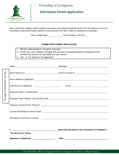 First page of the Solicitation Permit Application