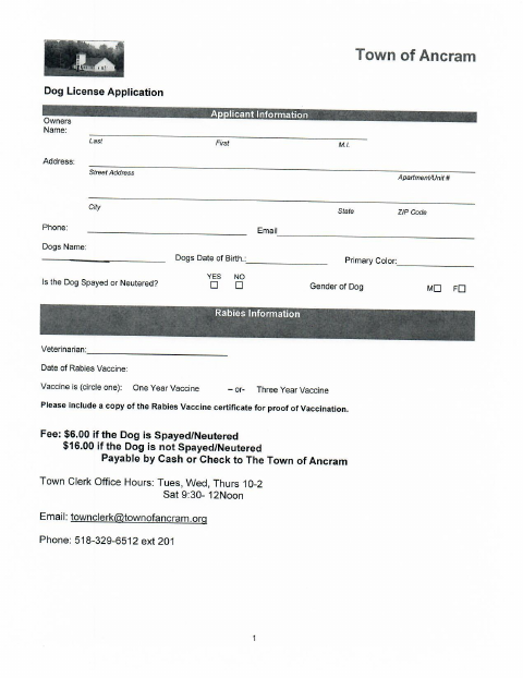 First page of the Dog License Application