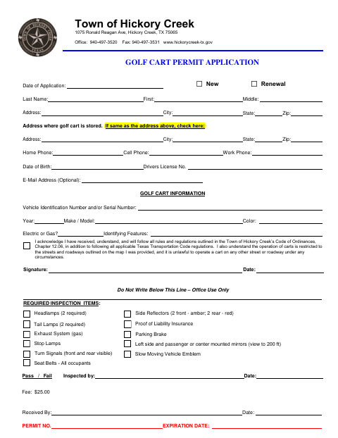 First page of the Golf Cart Permit Application