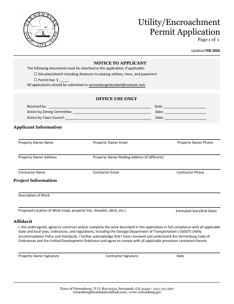 First page of the Utility Encroachment Permit Application