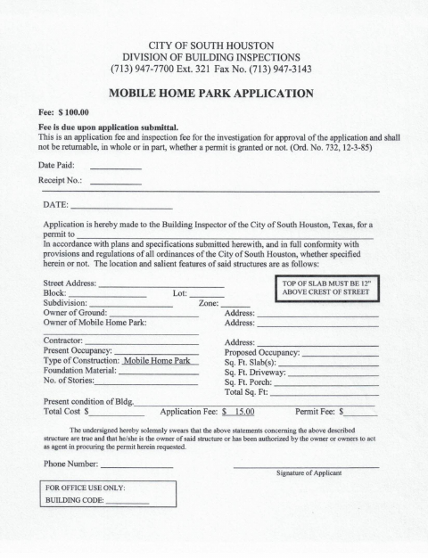 First page of the Mobile Home Park Application