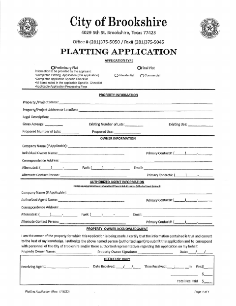 First page of the Final Plat Application and Checklist