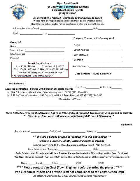 First page of the Open/Close Road Permit Application