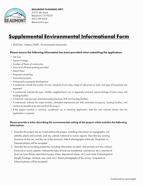 First page of the Supplemental Environmental Informational Form