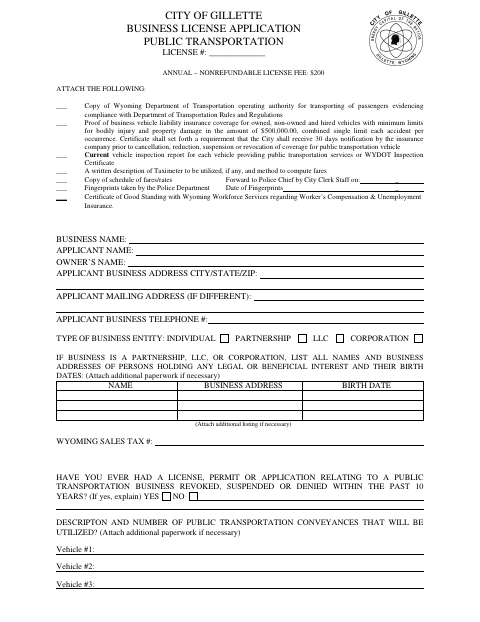 First page of the Public Transportation Business License Application