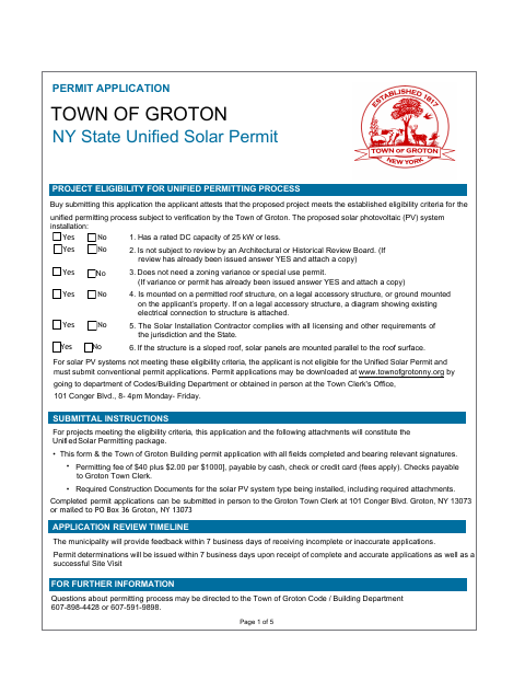 First page of the NY State Unified Solar Permit Application