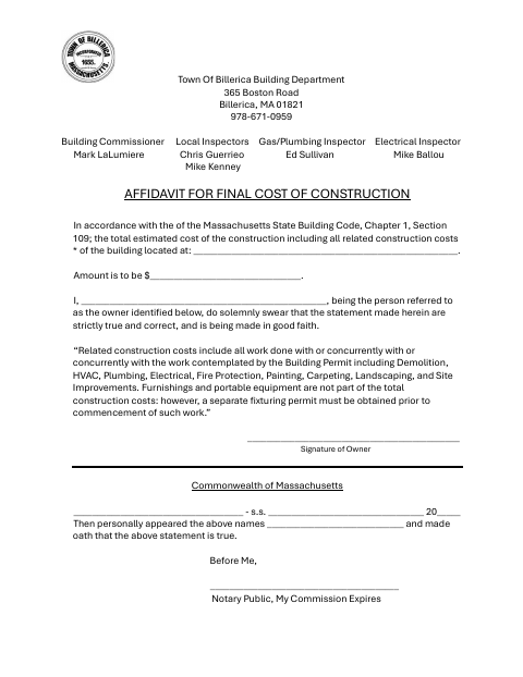 First page of the Affidavit for Final Cost of Construction
