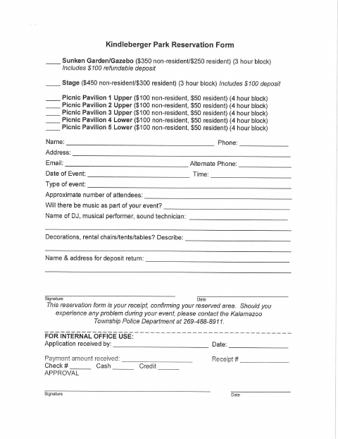 First page of the Kindleberger Park Reservation Form