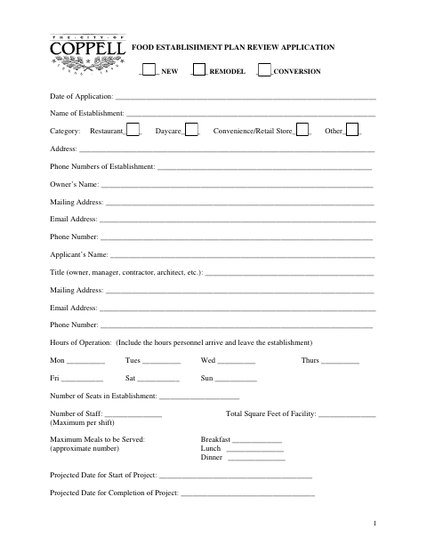 First page of the Food Establishment Plan Review Application