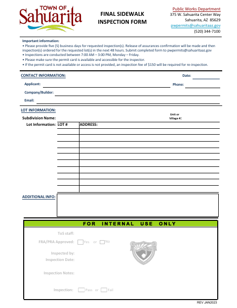 First page of the Final Sidewalk Inspection Form