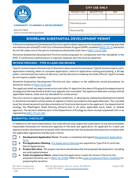First page of the Shoreline Substantial Development Permit