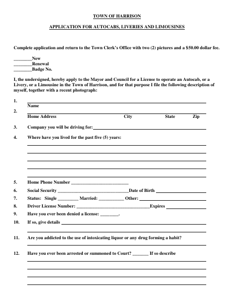 First page of the Autocab, Livery, and Limousine License Application